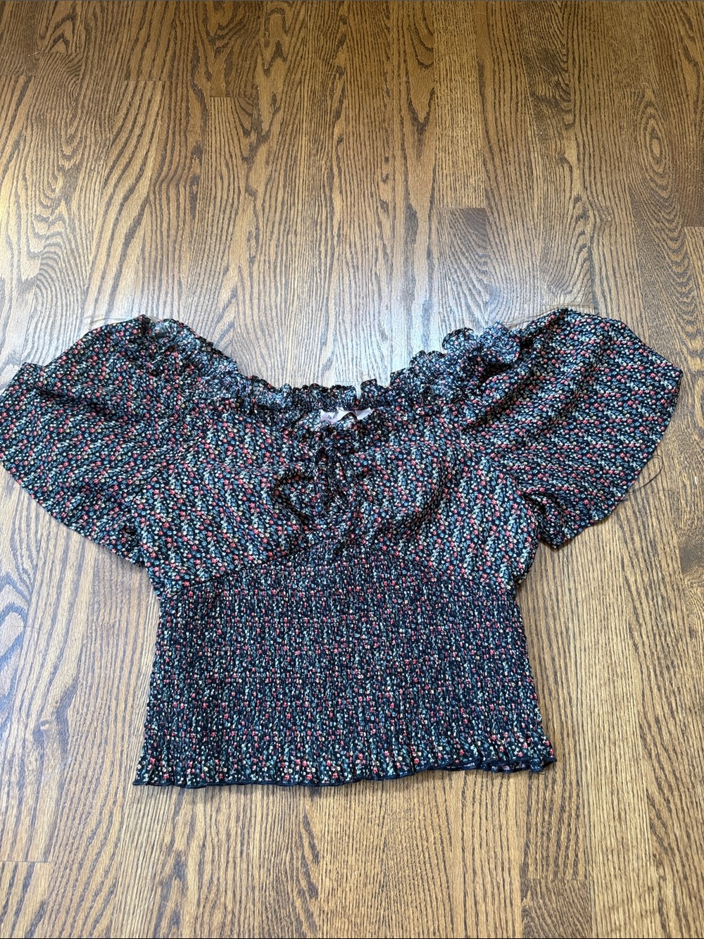 Buckle Black Floral Smocked Off-Shoulder Crop Top